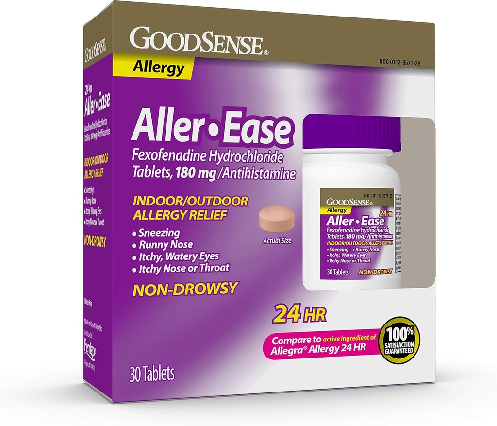 GoodSense Aller-Ease - Fexofenadine Hydrochloride 180 mg Tablets - 24-Hour Allergy Medicine for Indoor & Outdoor Relief, 30 Count