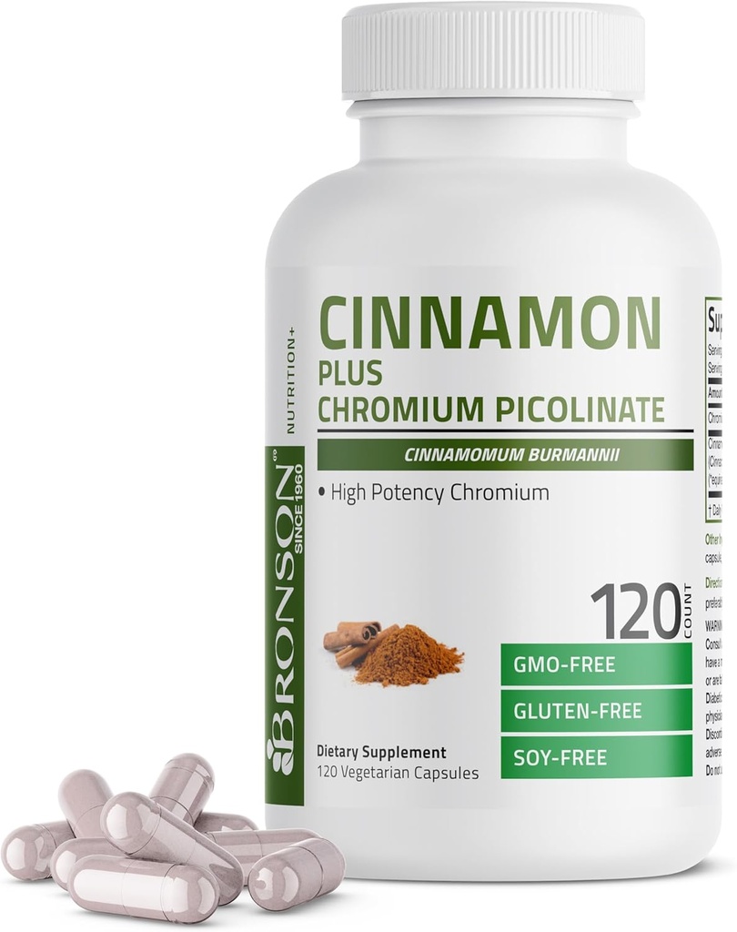 Bronson Cinnamon Plus Chromium Picolinate Supplement, High Potency Chromium, Non-GMO, 120 Vegetarian Capsules