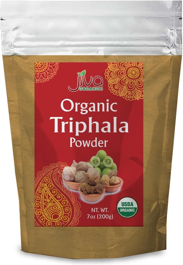 Jiva Organics Organic Triphala Powder 7 Ounce Bag - Ground Amla, Bhibitaki, and Haritaki Fruits Blended, 100% Natural & Non-GMO