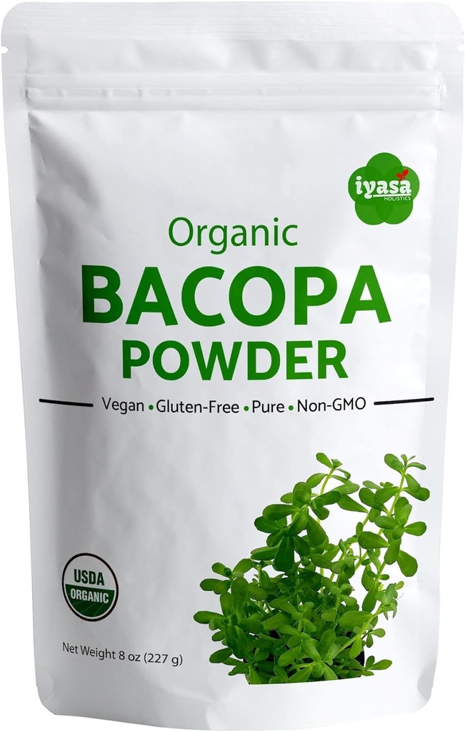 Iyasa Holistics Organic Bacopa Powder (Brahmi Leaf), Certified Organic Ayurveda Superfood, Hair and Brain Tonic, Resealable Pouch of 8 oz