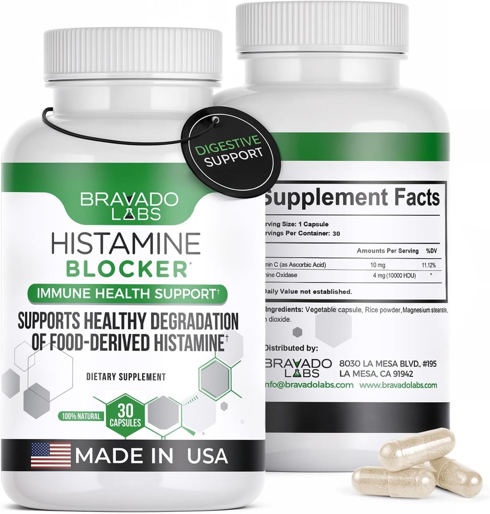 Bravado Labs DAO Supplements Histamine Blocker - DAO Enzyme + Diamine Oxidase & Vitamin C for Daily Histamine Metabolism & Immune Support - 30 ct