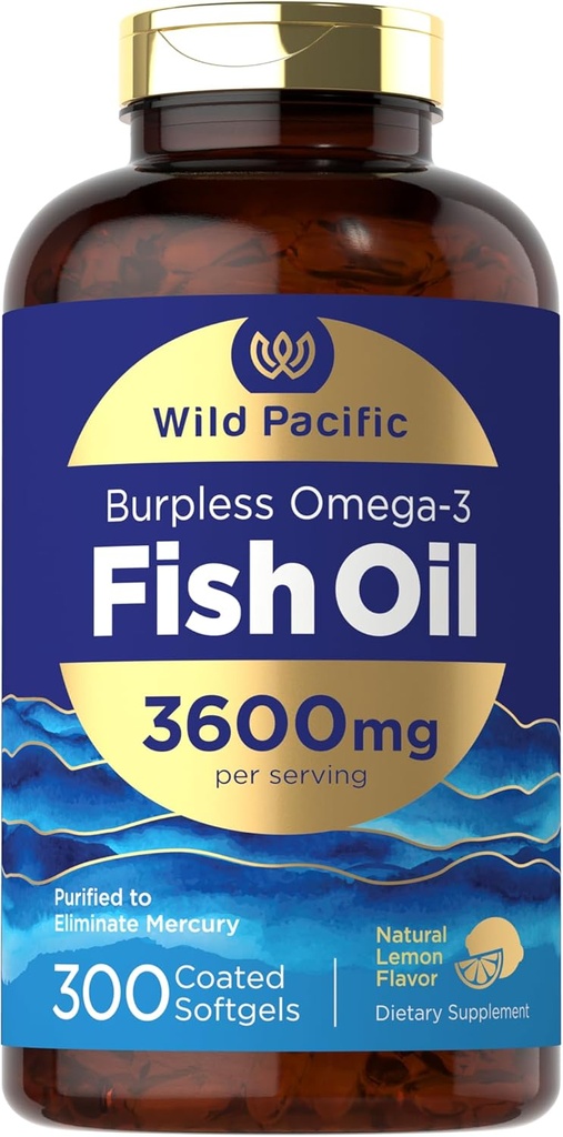 Carlyle Burpless Fish Oil 3600 mg | 300 Softgels | with Omega-3 Fatty Acids | Lemon Flavor | Non-GMO, Gluten Free Supplement | by Wild Pacific