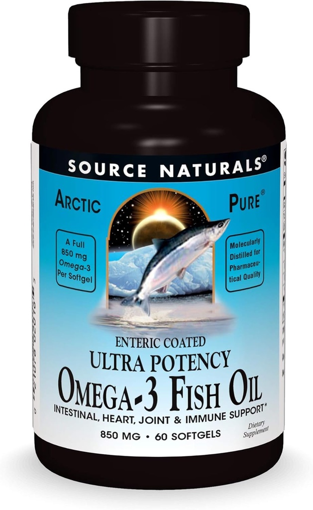 Source Naturals ArcticPure Omega-3 Fish Oil 850mg Ultra Potency EPA + DHA For Heart, Joint, Brain & Immune Health -Enteric Coated For Sensitive Stomachs - 60 Softgels
