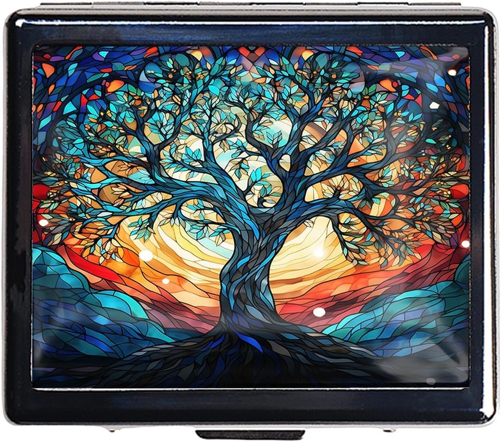 7 Days Chromed Shiny Silver Pill Organizer with Mirror Inside Has 8 Separate Compartments Rectangle 7 Days Pill Box Pill Case (Tree of Life)