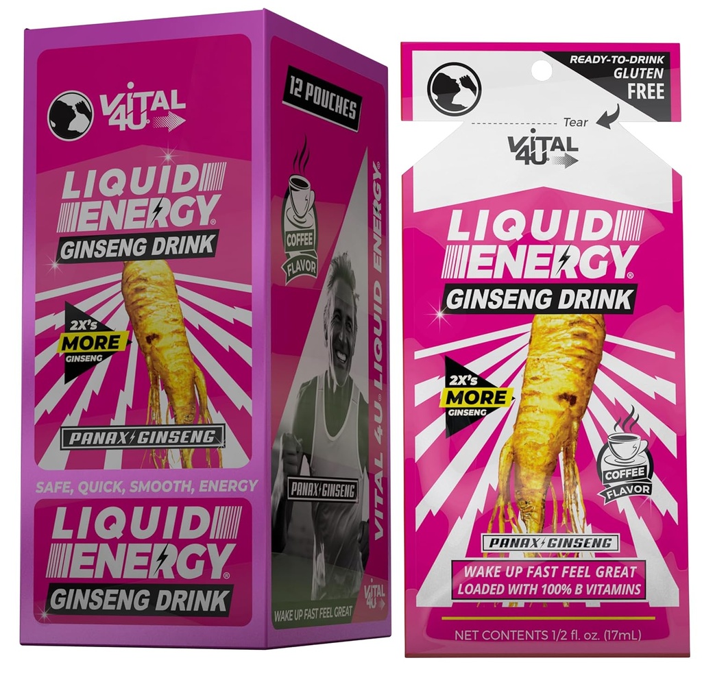 Vital 4U® Liquid Energy Shot - Ginseng, B Vitamins, Naturally Sweetened, Coffee Flavor, 24 ct