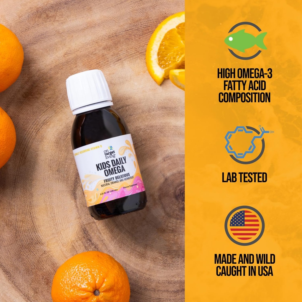 On Target Living Kids Daily Omega- Fruitylicious Flavor 3.33 oz. | Naturally Occurring Vitamins A & D | Monk Fruit & Orange Flavor | Premium Line Caught Cod Liver Oil