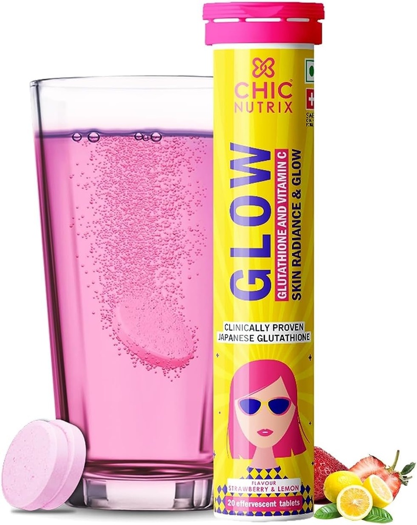 Glow | Japanese Glutathione 500 mg and Vitamin C for Skin Care | Glowing & Radiant Skin - 20 Effervescent Tablets | Strawberry-Lemon Flavour