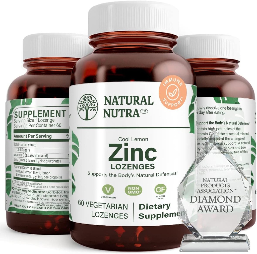 Natural Nutra Zinc Lozenges with Vitamin C, Lemon Flavor, Support Immune, Nervous System & Bone Strength, Fortified with Bioflavonoids and Bee Propolis, Sublingual Zinc Gluconate, 60 Vegetarian