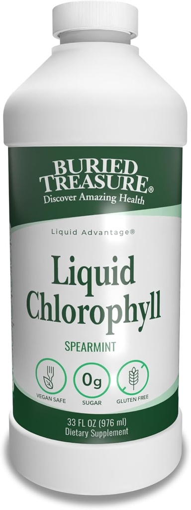 Buried Treasure Liquid Chlorophyll 100 mg, Dietary Supplement, Intestinal Digestive Support Natural Body Deodorant Vegan Non-GMO Alcohol Free, Spearmint Flavor 32oz