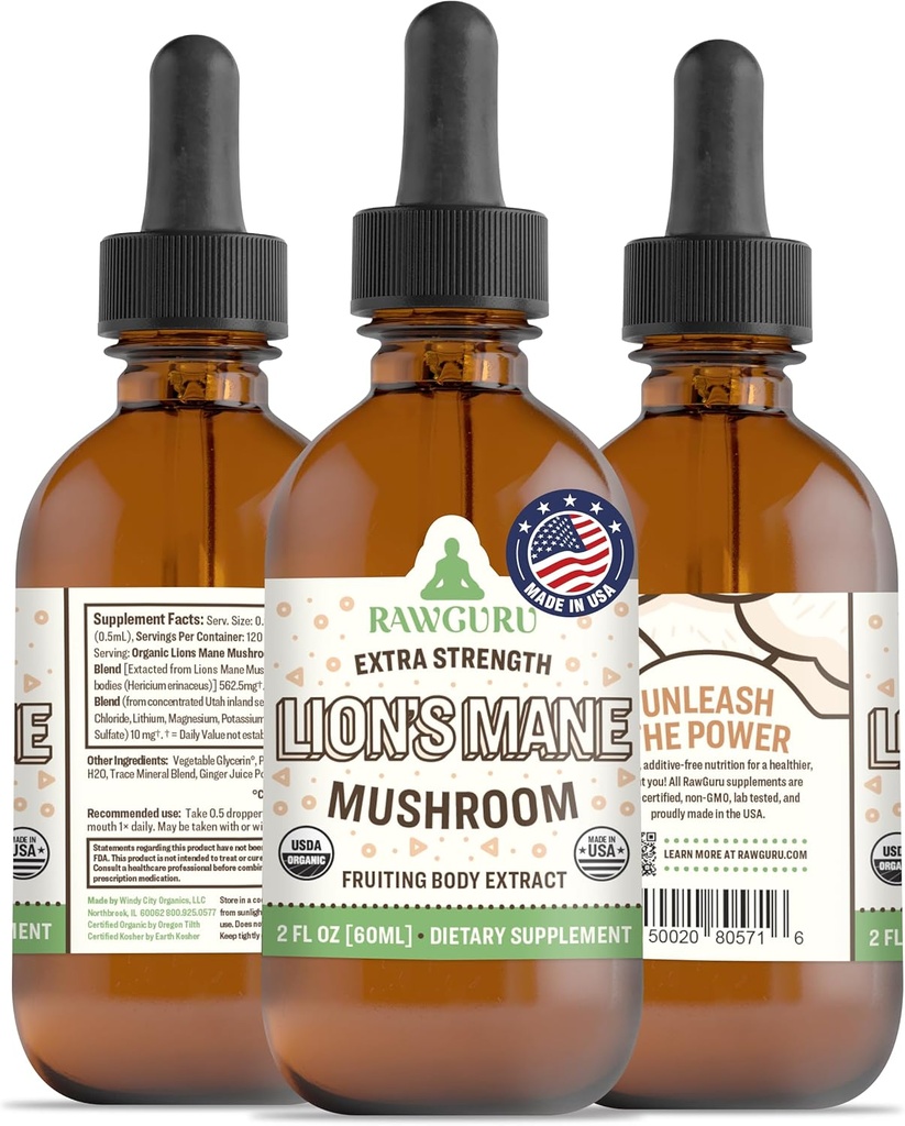 RawGuru Lion's Mane Mushroom Tincture - Vegan Lion's Mane Extract with Trace Minerals - Nano-Processed Immunity Boost & Cognitive Supplement - 120 Servings of Vegan Drops per 60 ml, Pack of 1