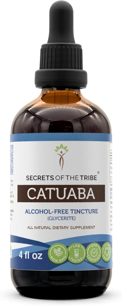 Secrets of the Tribe Catuaba Alcohol-Free Liquid Extract, Wildcrafted Catuaba (Erythroxylum vacciniifolium) Dried Bark Tincture Supplement (4 FL OZ)