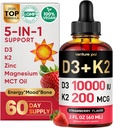 Venture Pal 5-in-1 Vitamin D3 10000 IU & K2 as MK-7 200mcg with Magnesium, MCT Oil, Zinc, Sugar-Free Vitamin D Liquid |Maximum Absorption for Bone, Mood & Immune Health - 2 FL OZ, 60 Days