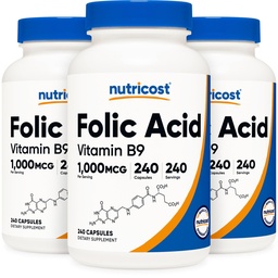 Nutricost Folic Acid (Vitamin B9) 1000 mcg, 240 Capsules (3 Bottles)