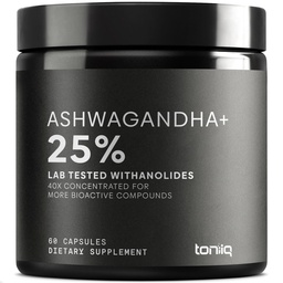 Toniiq Ashwagandha - Ultra High Potency 40:1 Extract with 25% Withanolides - Wild Harvested in India - Highly Concentrated & Third-Party Lab Tested - 60 Capsules