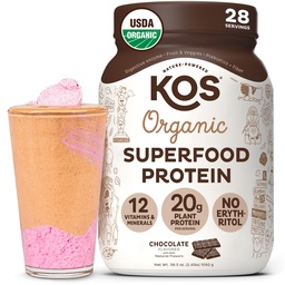 KOS Vegan Protein Powder Erythritol Free, Chocolate - Organic Pea Protein Blend, Plant Based Superfood Rich in Vitamins & Minerals - Keto, Dairy Free - Meal Replacement for Women & Men, 28 Servings