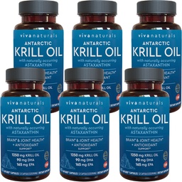 Viva Naturals Antarctic Krill Oil 1250 mg, Omega 3 EPA DHA and Astaxanthin, Joint Support and Brain Supplement with Antioxidant Properties, No Fishy Aftertaste (Pack of 6)