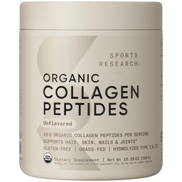 Sports Research® Organic Collagen Peptides - Hydrolyzed Type I & III Collagen Protein Powder Made Sustainably from Grass-Fed Cows - USDA Organic· Non-GMO · Gluten Free - Unflavored, 30 Servings