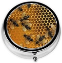 Bees on hive Pill Box Metal Round Small Pill Case Cute 3 Compartment Pill Organizer Portable Travel Pillbox Mini Pill Container Holder for Daily Medicine Supplement Vitamin