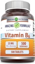 Amazing Formulas Vitamin B6 (Pyridoxine) 25 Mg Supplement | Tablets | Non-GMO | Gluten-Free | Made in USA (1 Pack | 500 Count)