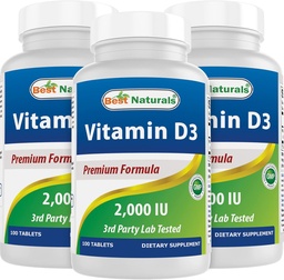 Best Naturals Vitamin D3 2000 IU (50 mcg) - 100 Tablets - 100 Days Supply - Helps Support Immune Health, Strong Bones and Teeth, & Muscle Function (100 Count (Pack of 3))