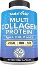 Nutrivein Premium Multi Collagen Pills 2250 mg - 180 Easy-to-Swallow Collagen Capsules: Type I, II, III, V, X Hydrolyzed Protein Peptides for Women and Men - Aging, Joints, Hair, Skin, Bones, & Nails