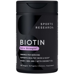Sports Research® Biotin 5,000mcg with Organic Coconut Oil - Biotin (Vitamin B7) for Healthy Skin and Hair Support* - for Women and Men - Vegan, Non-GMO, Gluten & Soy-Free - 120 Veggie Softgels