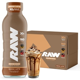 RAW Ready-to-Drink Protein Shake, Mocha Latte - RTD Protein Drinks with Grass-Fed Whey Protein Isolate for Post-Workout - Zero-Sugar & Gluten-Free Meal Replacement Drink & Breakfast Shake, 12 Fl Oz
