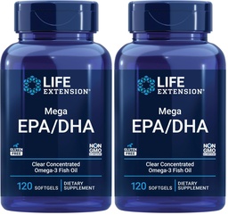 Life Extension Mega EPA/DHA, Omega-3 Fatty acids, Heart & Brain Health, Non-GMO, Gluten-Free, 120 softgels (Pack of 2)