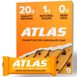 Atlas Bar – 20g Protein, 1g Sugar, 0g Seed Oils, 0g Artificial Sweeteners (Peanut Butter Chocolate Chip, 12 Count)