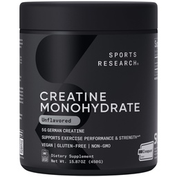 Sports Research® Creatine Monohydrate Powder w/Creapure® - Gain Lean Muscle, Improve Performance, & Support Workout Recovery* - 5g German Creatine · NSF Sport · Easy Mixing - 90 Servings (Unflavored)