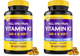 InnovixLabs Full Spectrum Vitamin K2-90 Softgels with 600 mcg of Trans Form MK7 and MK4 - Supports General Health and Bone Strength - Soy and Gluten Free K2 Vitamin Supplement (Pack of 2)