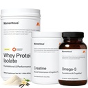 Momentous Three - Creatine Monohydrate Powder (90 Servings), Grass-Fed Whey Protein Powder (Vanilla) & Omega-3 Fish Oil 1600mg - Daily Essentials for Strength, Performance & Lean Muscle Recovery
