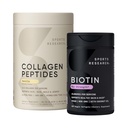 Sports Research® Hair Essentials Pack - Vanilla Collagen Powder Protein Supplement (40 Servings) and Biotin (Vitamin B7) 10,000mcg with Organic Coconut Oil (120 Softgels)