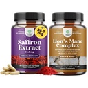 Bundle of Pure Extract of Saffron Supplements - Crocus Sativus Flower of Saffron Extract for Good Mood and Advanced Lion's Mane Mushroom with Reishi, Chaga, Maitake & Shiitake for Brain Health