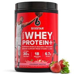 Six Star Whey Protein Powder Plus - Muscle Building & Recovery Formula with Whey Isolate Powder, BCAAs, 30g Protein, Immune Support - Post-Workout Supplement - Strawberry Smoothie, 1.8 lbs