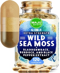 MAJU Wild Irish Sea Moss Capsules (120ct), Stronger Than Gel, 4-in-1 w/Bladderwrack + Burdock Root, Organic, Sebi Inspired, Raw, Seamoss Pills Powder, Wild, 1 Bottle
