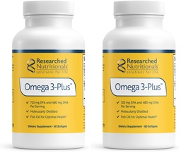 Researched Nutritionals Omega-3 Plus Fish Oil - EPA DHA Omega 3 Supplement to Support Cardiovascular & Brain Health - Molecularly Distilled for Purity & Safety (60 Softgels) (Pack of 2)