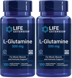 Life Extension L-Glutamine,500 mg L-glutamine,Amino Acid,Supports Muscle Health and Immune Health,Gluten-Free,Non-GMO,100 Vegetarian Capsules,(Pack of 2)