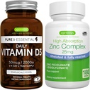 Daily Vitamin D3 + Zinc Complex Vegetarian Bundle, 365 2000iu Vitamin D3 Tablets + 25mg Chelated Zinc Picolinate & Bisglycinate with Copper, by Igennus