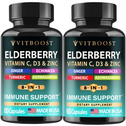 2 Pack Elderberry Immune Support Supplement 8-in-1 Formula with Echinacea, Vitamin C & Zinc, Vitamin D 5000 IU, Turmeric, Ginger, Ashwagandha – 60 Capsules Each