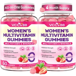 All-in-One Women's Multivitamin Gummies with Complete Vitamin & Mineral Complex, Herbal Blends for Energy, Overall Health, High Potency Hair Skin and Nails Vitamins, Strawberry Flavor, 2 Pack