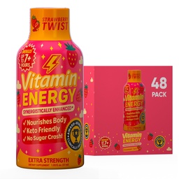 Vitamin Energy Immune+ Extra Strength Energy Shot Strawberry Twist 48 Pack, 260mg Natural Caffeine, B-Vitamins, Citicoline, Green Tea, Immunity & Focus Support, Zero Sugar, Gluten-Free 1.93 fl oz