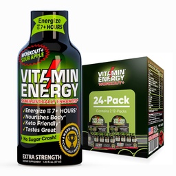 Vitamin Energy Workout+ Extra Strength Energy Shot Sour Apple 24 Pack, 260mg Natural Caffeine, Pre-Workout, B-Vitamins, Minerals, Endurance & Performance, Zero Sugar, Gluten-Free, Vegan, 1.93 fl oz