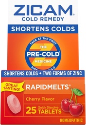 Zicam Cold Remedy Zinc RapidMelts, Cherry Flavor, Homeopathic, Cold Shortening Medicine, Shortens Cold Duration, 25 Count (Pack of 2)