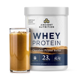 Ancient Nutrition Grass Fed Whey Protein, Chocolate Peanut Butter, 23g Protein, 18 Servings, Hydrolyzed Collagen Peptides, Organic Regenerative A2/A2 Milk Protein