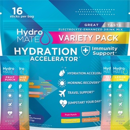 HydroMATE Electrolytes Powder Packets Low Carb Hydration Accelerator Drink Mix Party Relief Plus Vitamin C Variety Pack 16 Sticks