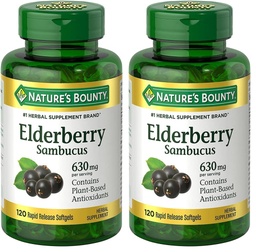 Nature's Bounty Sambucus Elderberry Herbal Supplement, Rapid Release Softgels, 630 mg per Serving, 120 Count (Pack of 2)