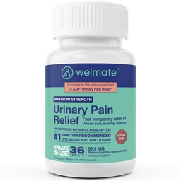 WELMATE Urinary Pain UTI Relief Maximum Strength (Phenazopyridine HCL) - Improve Urinary Tract Health & Bladder Control, Urgency, & Discomfort | Over-The-Counter Medication for Men & Women (36 Pills)