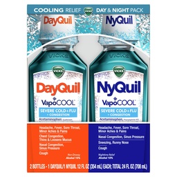 Vicks DayQuil and NyQuil VapoCOOL SEVERE Combo Cold & Flu + Congestion Medicine, Max Strength Relief For Fever, Sore Throat, Nasal Congestion, Sneezing, Cough, 2 x 12 oz Bottles, 1 NyQuil, 1 DayQuil