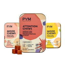 PYM Mood & Focus Chews Variety Pack, 60 Count | Berry & Citrus Mood Chews + Attention Chews | GABA, L-Theanine, L-Carnitine | Vegan, Non-GMO, Caffeine-Free
